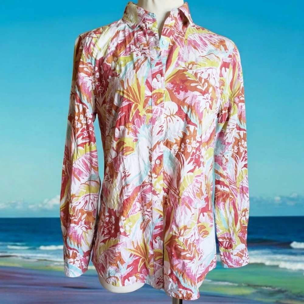 J. McLaughlin Top Womens S Brit Floral Parrot Palms Business Casual Shirt Blouse